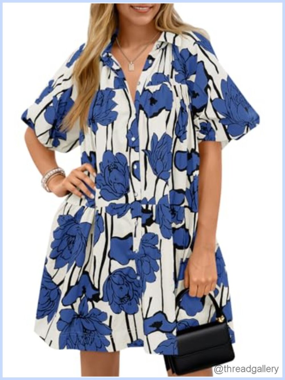 Women's Floral Button Down Shirt Dress Puff Short Sleeve Mini Sundress